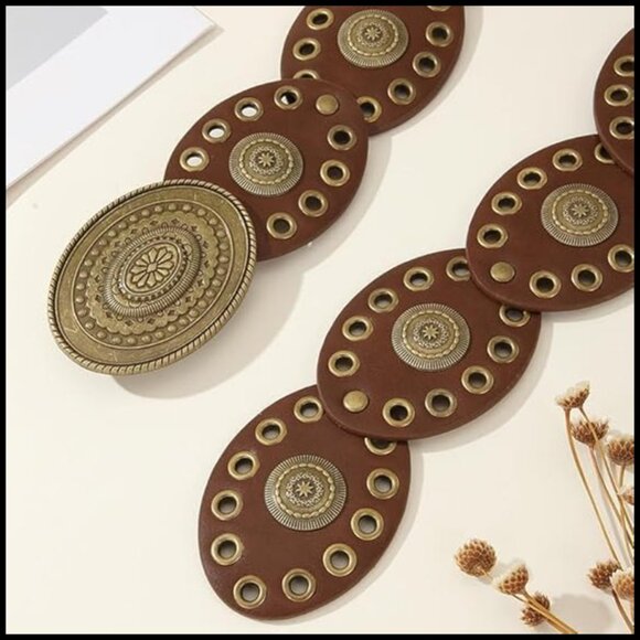 Western Concho Disc Belt Vintage Boho Style Adjustable Wide Cowgirl Accessory - Picture 2 of 6